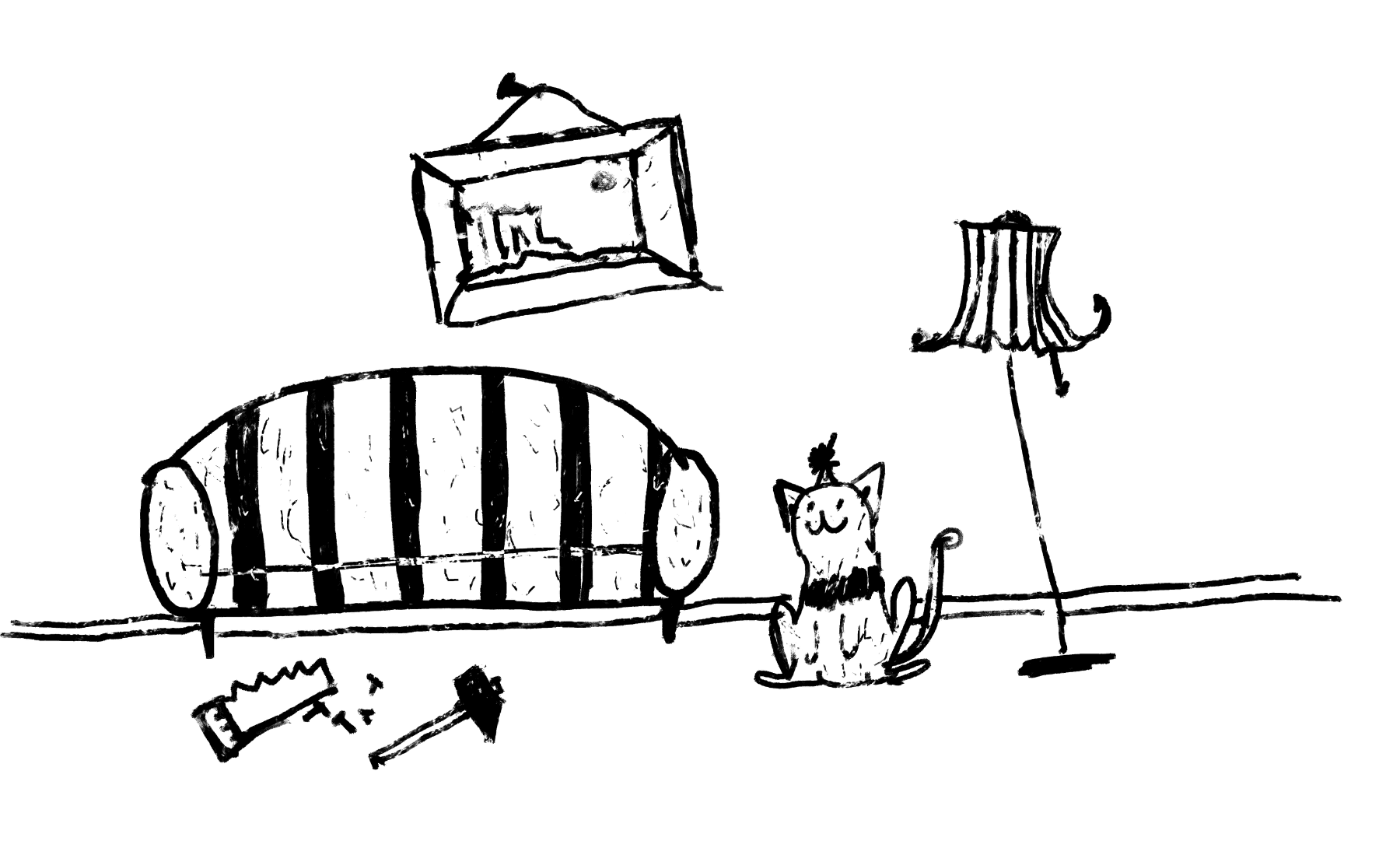 Sketch of a striped sofa, a cat and a lamp