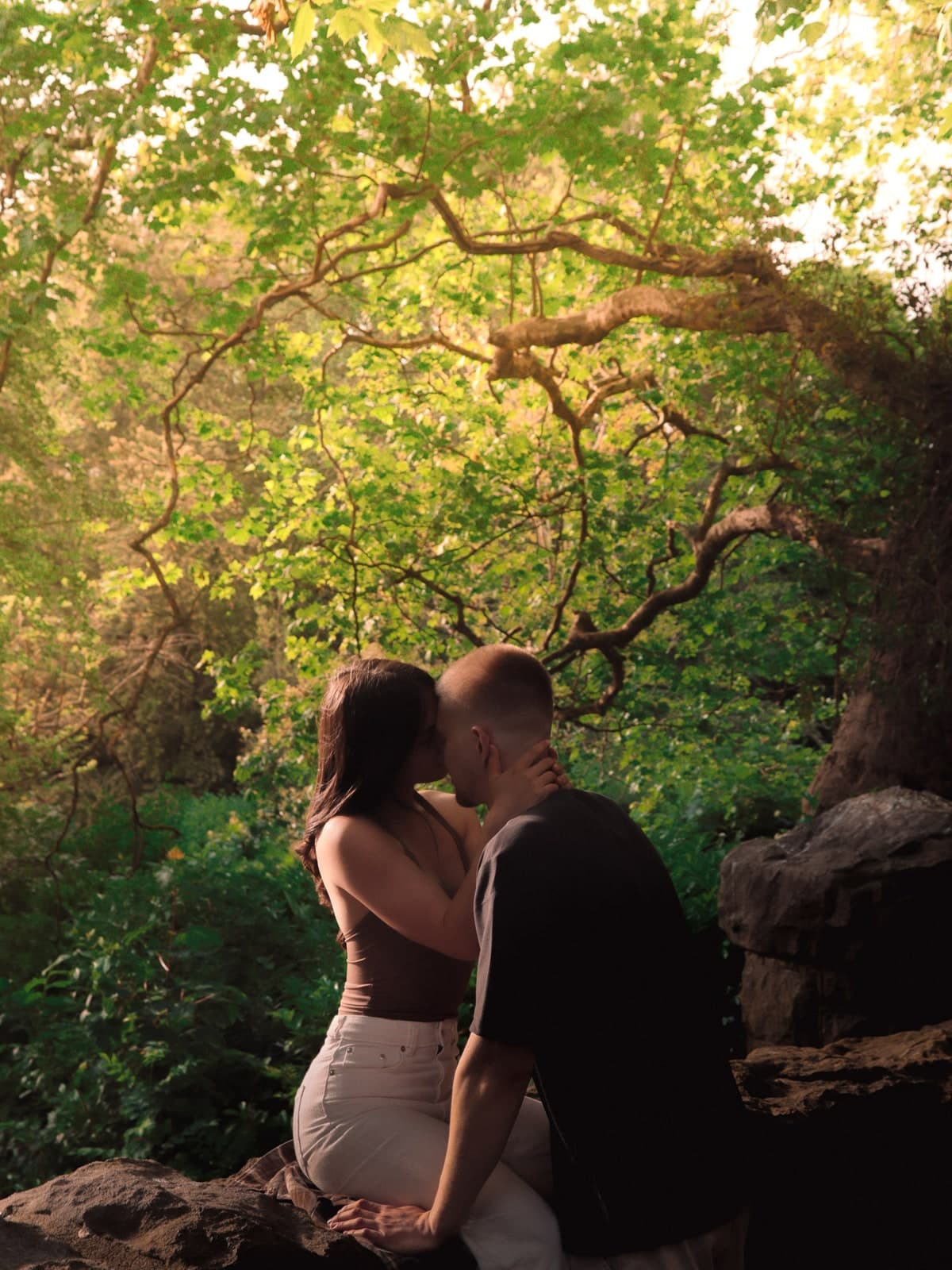 Couple kissing on the rocks under a sunlit canopy of branches