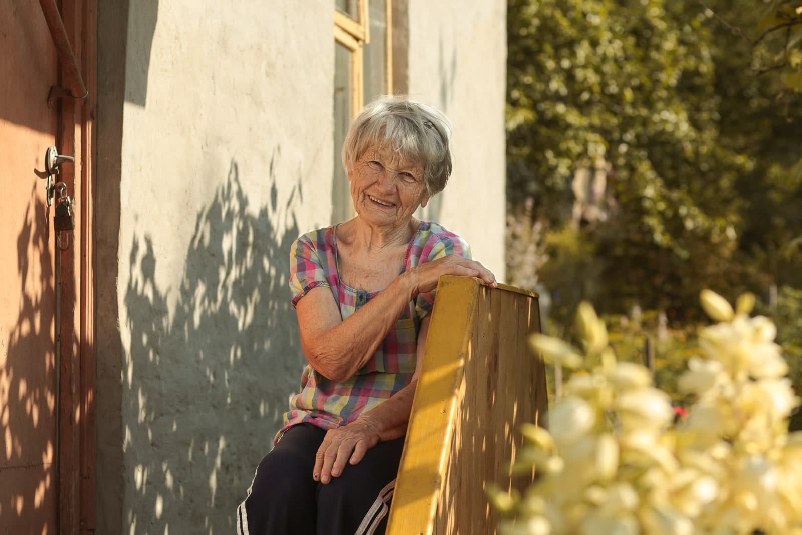 Resting on the yellow rail of a porch in the afternoon sun